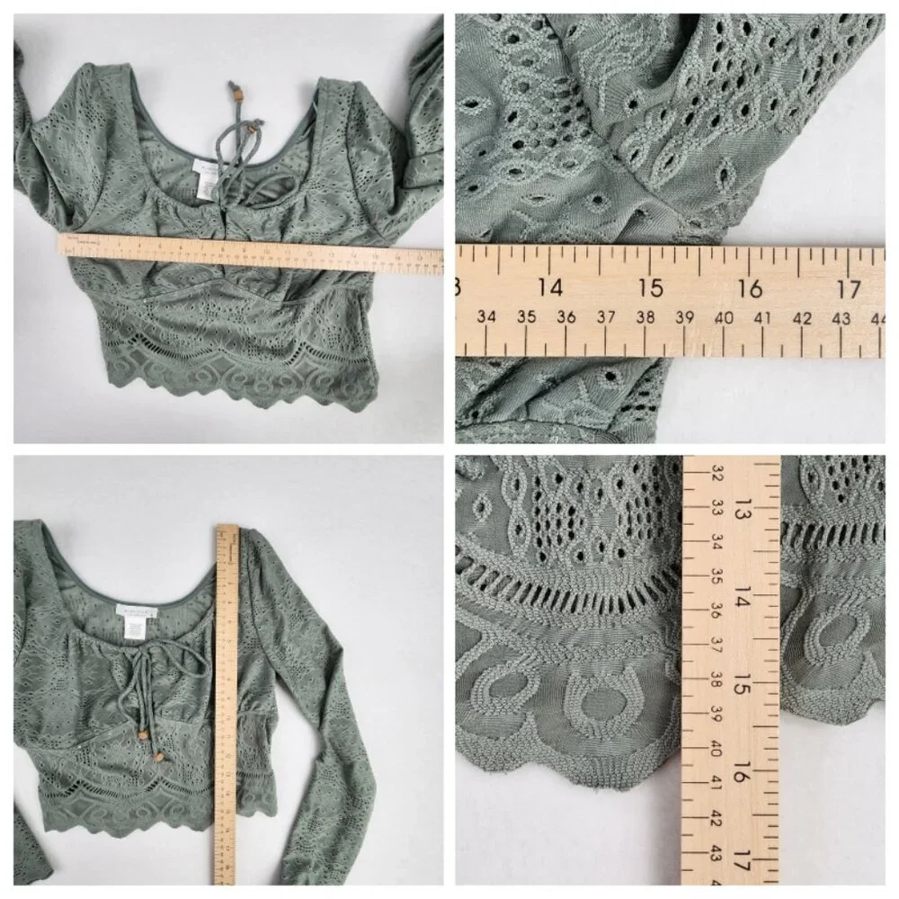 Kirious Womens Crop Eyelet Top Long Sleeve Size Medium Sage Green Blouse